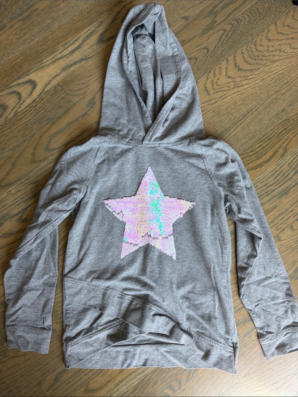 Girls' Gray Hoodie with Iridescent Sequin Star Accent
